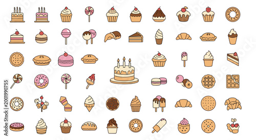Large collection of tiny icons representing various sweets cakes donuts and desserts for bakery menu and pastry shop design.