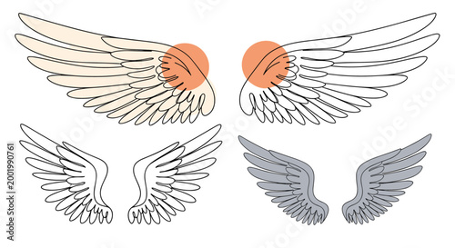 Four different pairs of stylized wings in various colors and styles from minimalist line art to detailed grey feathers on white.