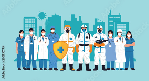 Brave medical professionals and frontline workers in protective suits and uniforms stand together against a city skyline.
