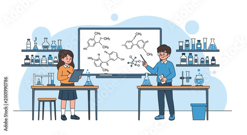 Two students conducting chemistry experiments in a school laboratory filled with beakers flasks and chemical formulas.