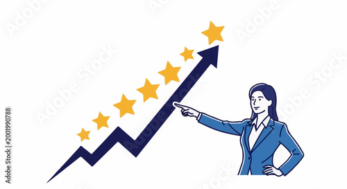 Woman in suit points at upward trend graph with stars