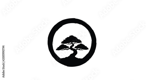 bonsai tree in circular frame silhouette high quality