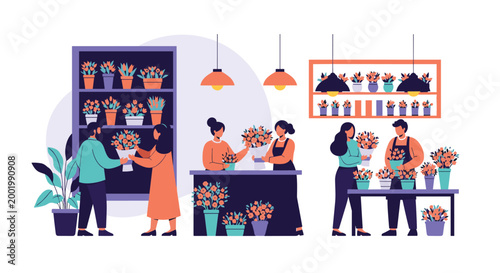 Busy and colorful scenes inside a flower shop featuring florists arranging bouquets and customers choosing plants.