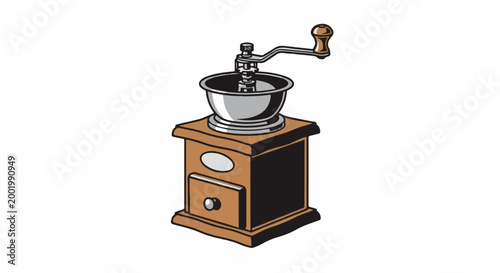 Vintage hand-cranked coffee grinder with wooden base and metal hopper