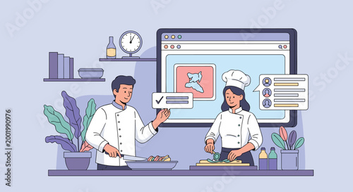 Professional chefs working together in a modern kitchen while using a digital tablet for recipe management and culinary instructions.