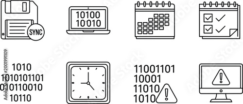 Digital data management technology icons featuring binary code storage floppy disk computer sync calendar clock and system warning error vector illustration