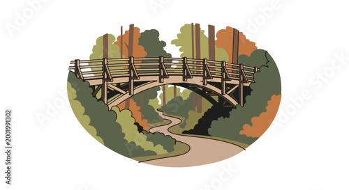 Wooden bridge arches over a winding path through autumnal forest