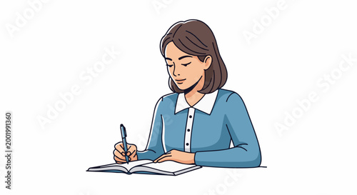 Young woman with short brown hair wearing a blue collared shirt writes diligently in a notebook