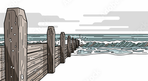 Wooden posts guard a shoreline with gentle waves under a cloudy sky