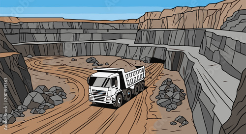 White dump truck navigates a multi-layered quarry
