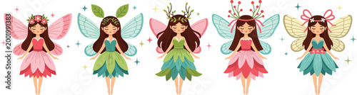 Fantasy vector illustration of a beautiful fairy princess in a pink magic dress with wings among red and yellow tulips and summer flowers