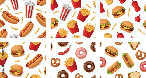 Fast food seamless pattern with burgers fries hotdogs donuts sandwiches and soda colorful vector illustration background design