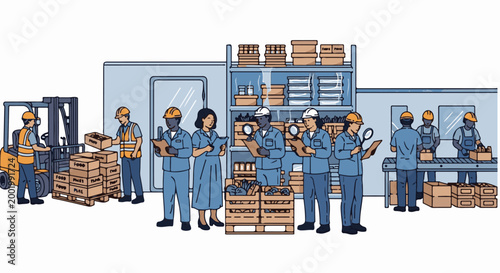 Workers in a warehouse inspecting goods and operating a forklift and conveyor