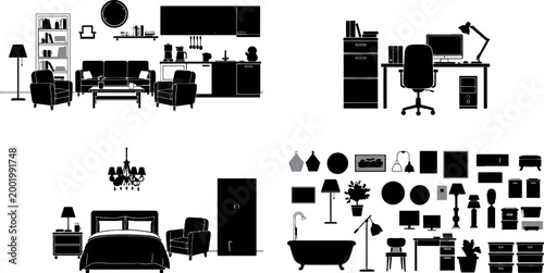 Home interior silhouettes set living room bedroom kitchen office furniture decor elements black vector illustration collection