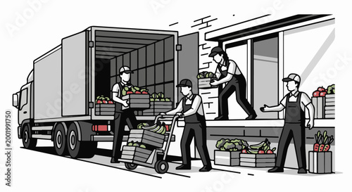 Workers unload produce from a truck into a building