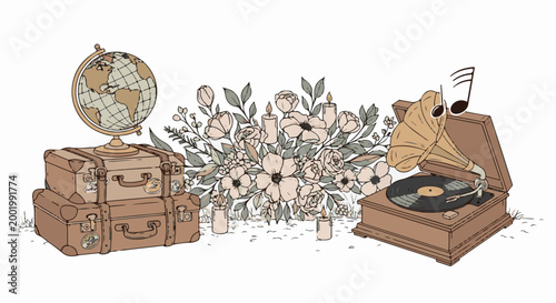 Vintage travel and music ensemble with globe, luggage, flowers, and antique gramophone