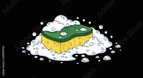 Yellow and green scrubby sponge covered in foamy suds and bubbles
