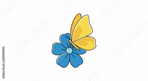 Yellow butterfly rests on a vibrant blue flower with a light blue center