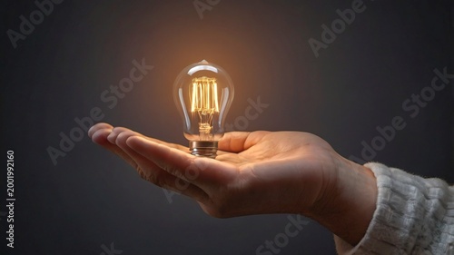 Glowing Light Bulb in Human Hand: Concept of New Idea, Innovation and Inspiration. Male Palm Holding Bright Edison Lamp on Dark Background. Energy Saving, Creativity and Smart Solution Symbol.