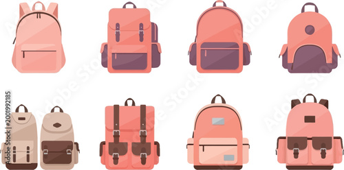 Backpack icons set school bags travel rucksacks modern accessories collection flat design student equipment vector illustration pack