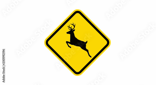 Yellow diamond road sign with black border featuring a leaping deer silhouette