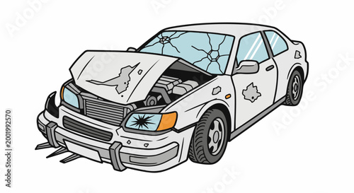 White sedan with open hood, cracked windshield, and dented body panels