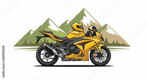 Yellow motorcycle and rider in front of green and brown mountains
