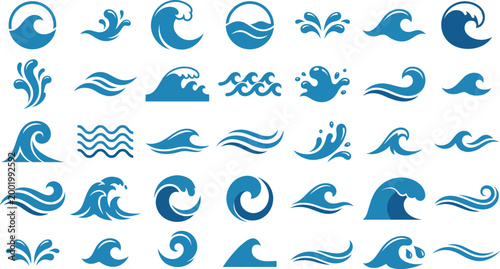 Obraz na plátne Set of blue sea wave icons and ocean water splashes symbols for surfing logo design, summer vacation branding, marine travel concepts, and aquatic nature illustrations