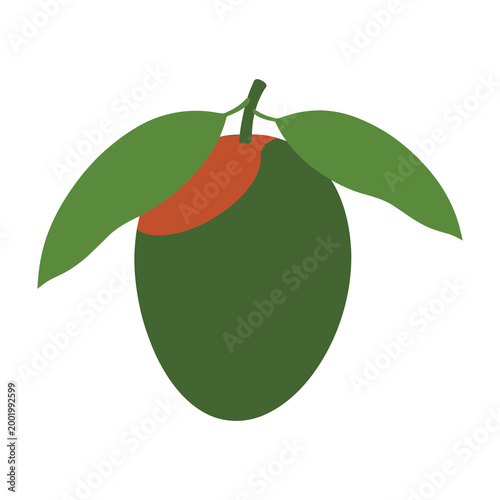 Green mango with leaves and red skin on white background