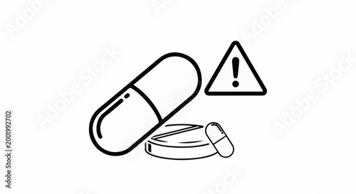 Warning symbol with pills, representing caution with medication or health