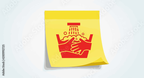 Yellow sticky note with red icon of hands washing in a basin