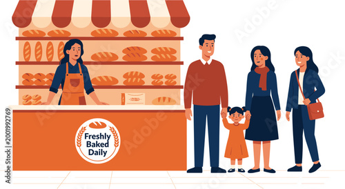 Young couple and daughter standing at bakery counter purchasing bread, female baker in apron serving customers, shelves filled with various loaves of bread, indoor bread shop scene illustration.