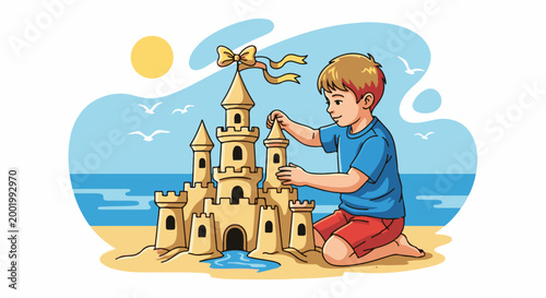 Young boy building a large sandcastle on a sunny beach by the ocean