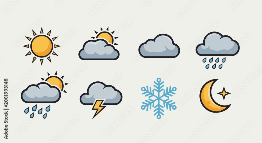 Fototapeta premium Weather icons sun, clouds, rain, lightning, snowflake, moon, and star
