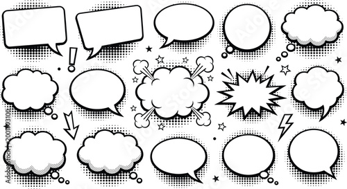 Large Collection of Retro Comic Speech Bubbles and Thought Clouds with Halftone Shadow Effects and Star Accents for Creative Pop Art Graphic Design Projects.