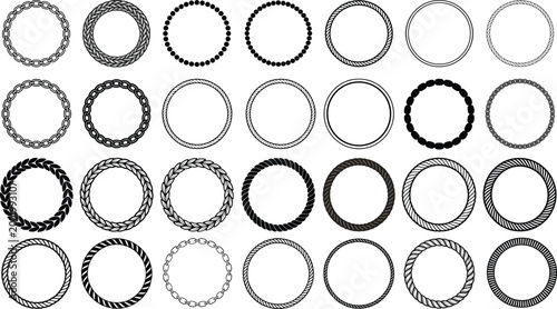 Large Collection of Decorative Circular Border Frames Including Rope, Chain, Bead, and Wreath Style Elements for Graphic Design Projects and Creative Vector Artwork.