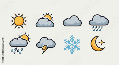 Weather icons sun, clouds, rain, lightning, snowflake, moon, and star