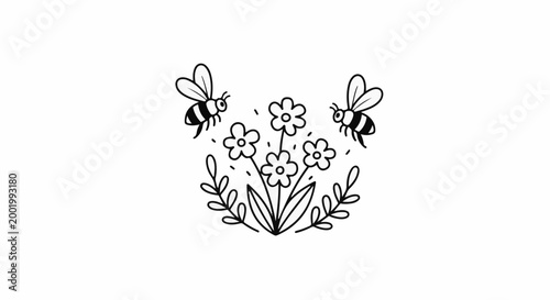 Whimsical black and white illustration of two bees buzzing around a small cluster of flowers and leaves