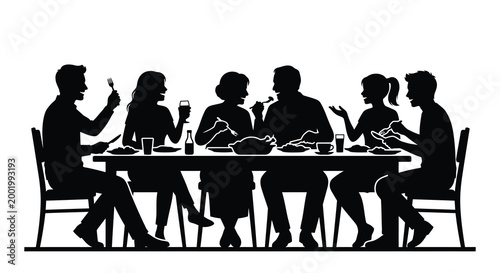 Family dinner scene with people seated at table silhouette