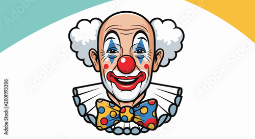 Whimsical clown face with colorful bow and ruffled collar, smiling wide