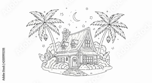 Whimsical cottage nestled among palm trees under a starry, crescent moon sky