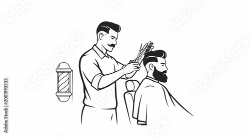 Vintage barber cuts client's hair with scissors