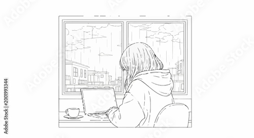 Young person in hoodie typing on laptop by rainy window, cup of coffee