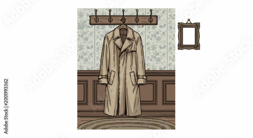 Vintage beige trench coat hangs on a wooden hook rack