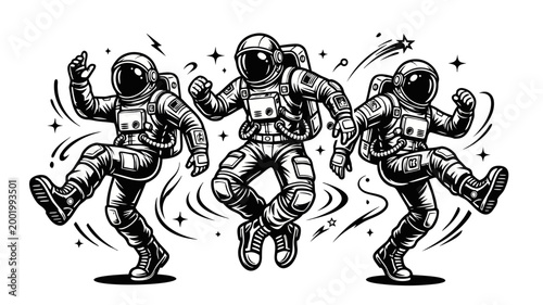 Three spacemen dancing in zero gravity, expressive monochrome vector illustration.