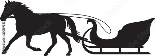 Black horse, sleigh silhouette, winter icon, vector graphic isolated on Transparent Background