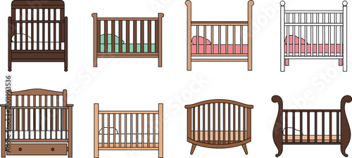 Baby cribs collection with wooden nursery beds and infant furniture designs isolated on light background vector illustration set