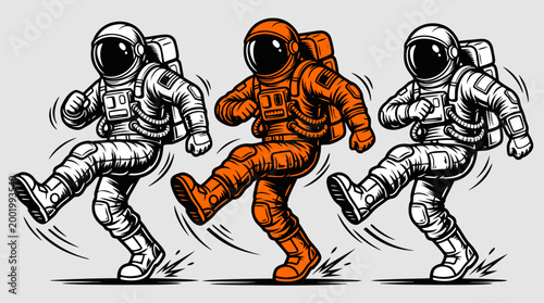 Playful spacemen dancing in outer space, detailed line art full of movement and energy.