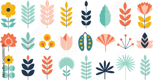 A colorful vector set of four leaf clover icons featuring floral nature elements and autumn leaf patterns for garden plant design and decorative art illustrations