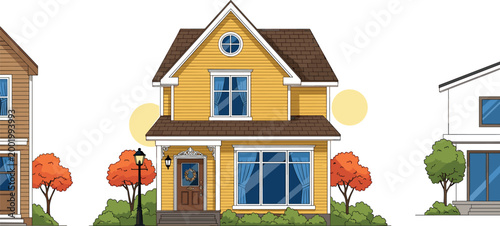 Colorful Residential House Illustration with a Yellow Exterior and Modern Design for Real Estate and Home Graphics